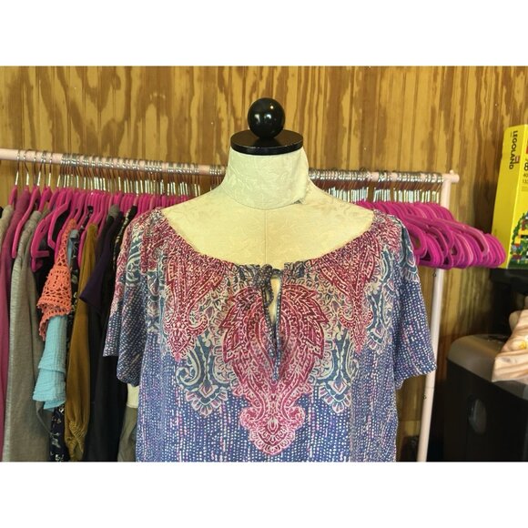 Lucky Brand Blouse Top Lightweight Short Sleeve Front Tie Blue & Print Boho Sz L - Picture 3 of 8